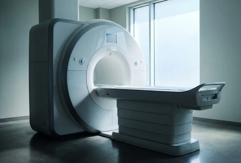 An MRI scanner in a quiet, empty imaging suite.