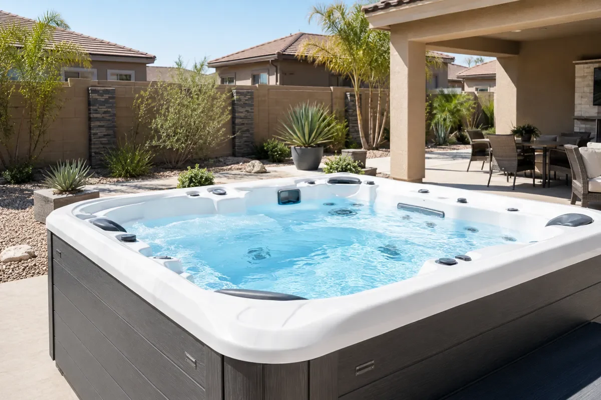 A modern outdoor hot tub with clear water in a St. George backyard
