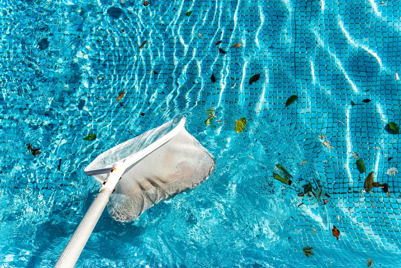 A TruBlu technician skimming leaves from a sparkling blue pool