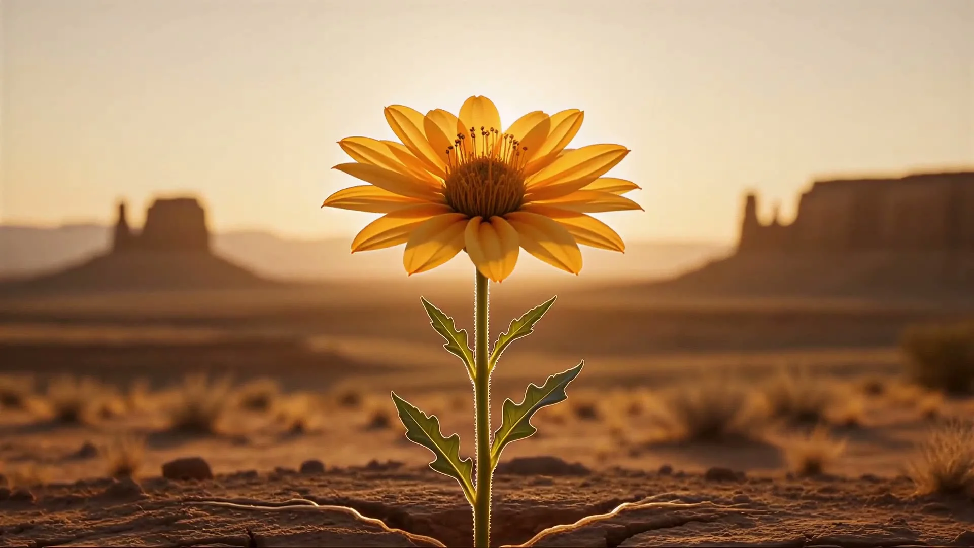 A single golden desert flower in full bloom above cracked desert earth