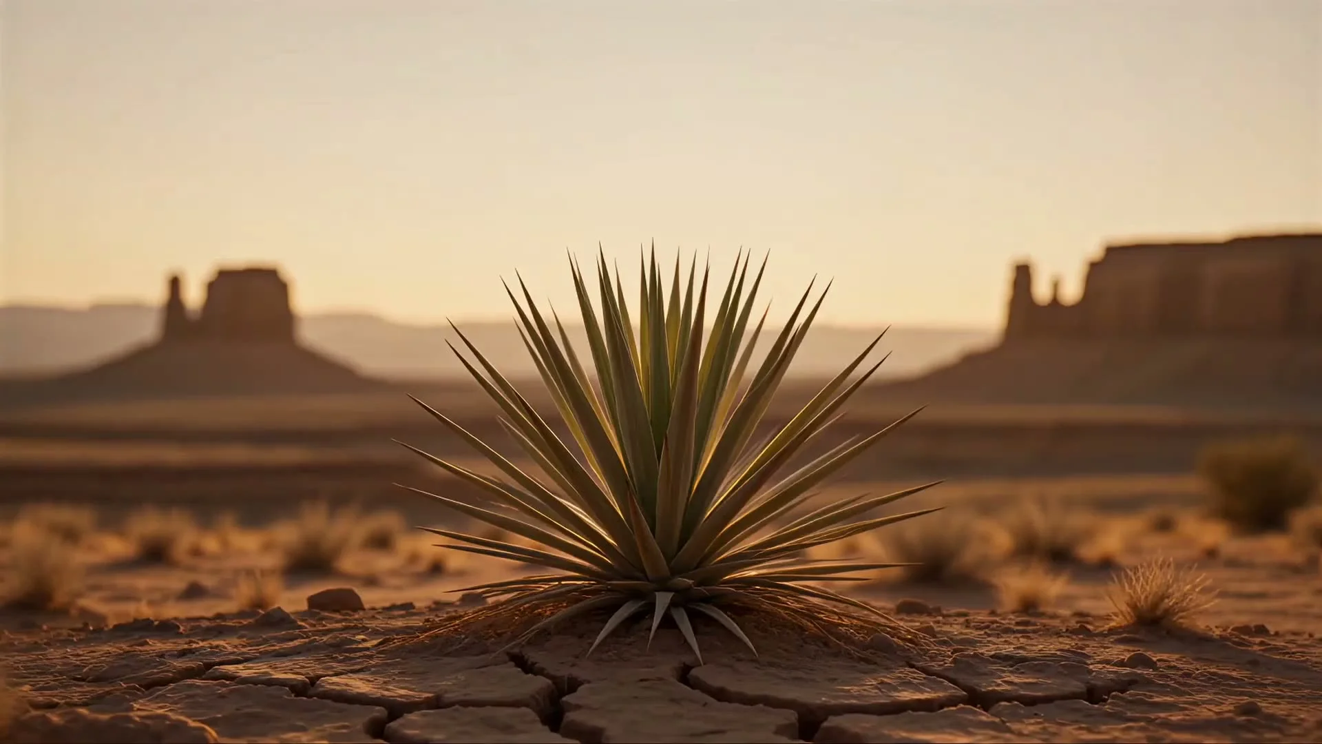 A yucca plant rooted in cracked desert earth at golden hour, mesas in the distance
