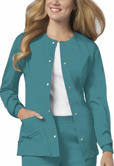 Cherokee teal snap-front warm-up scrub jacket